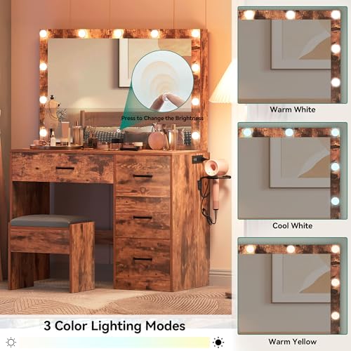 YITAHOME Vanity Desk with Mirror and Lights, Makeup Vanity Set with 11 Bulbs Light, Power Outlet, 4 Drawers and Vanity Stool