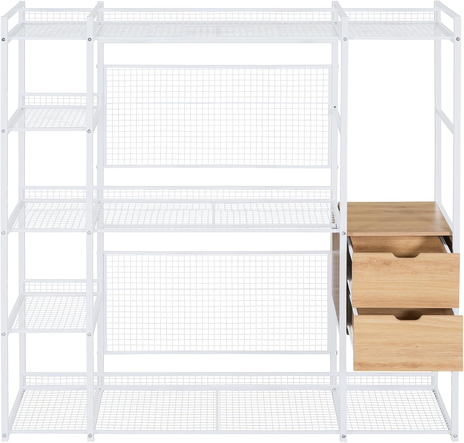 Open-Style Wardrobe with Hanging Rails, Shelves and 2 Drawers, Wardrobe Freestanding Closet Organizer, Industrial Wardrobe Clothes Rack, Metal Storage Wardrobe for Bedroom, Space-Saving