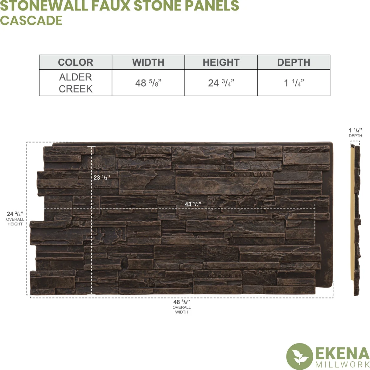 Ekena Millwork 48 5/8"W x 24 3/4"H x 1 1/4"D Cascade Stacked Stone, StoneWall Faux Stone Siding Panel, Alder Creek