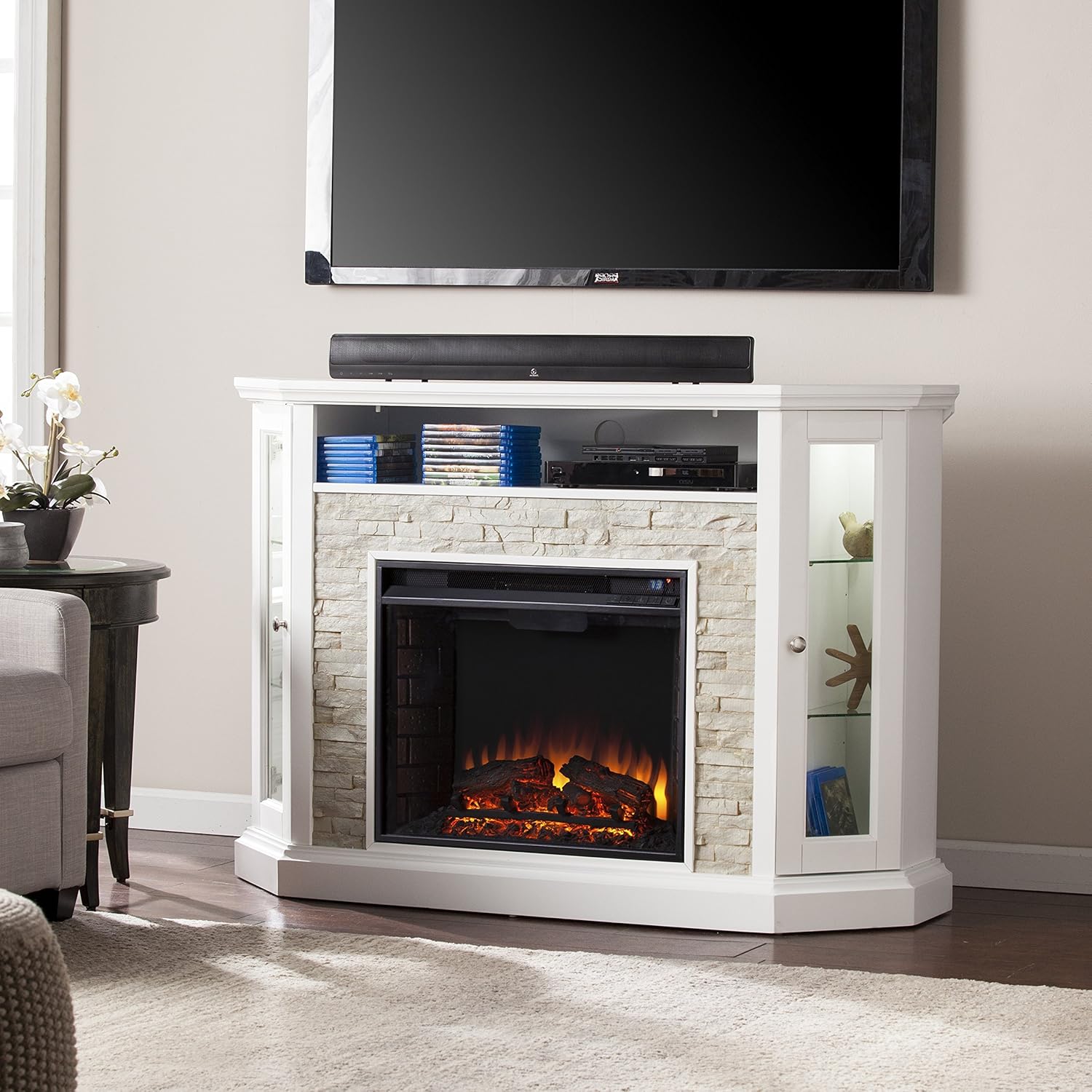 SEI Furniture Redden Faux Stone Convertible Electric Media Storage Corner Fireplace, Fresh White