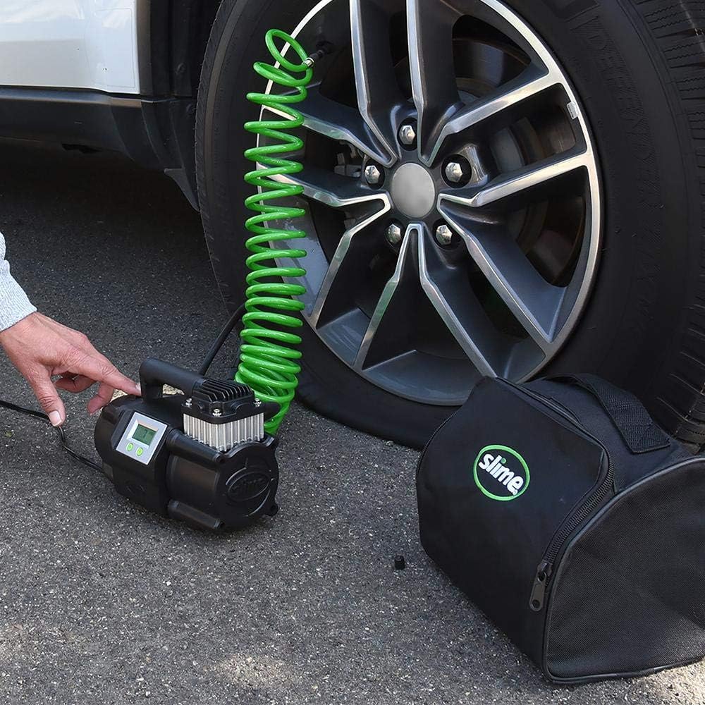 Slime 40063 Tire Inflator, Portable Car, SUV, 4x4 Air Compressor, Elite Heavy Duty, Inflate Right Automatic Shut Off, with Digital 99 psi Display, Long Hose and LED Light, 12V, 3 min Inflation Pack of 2