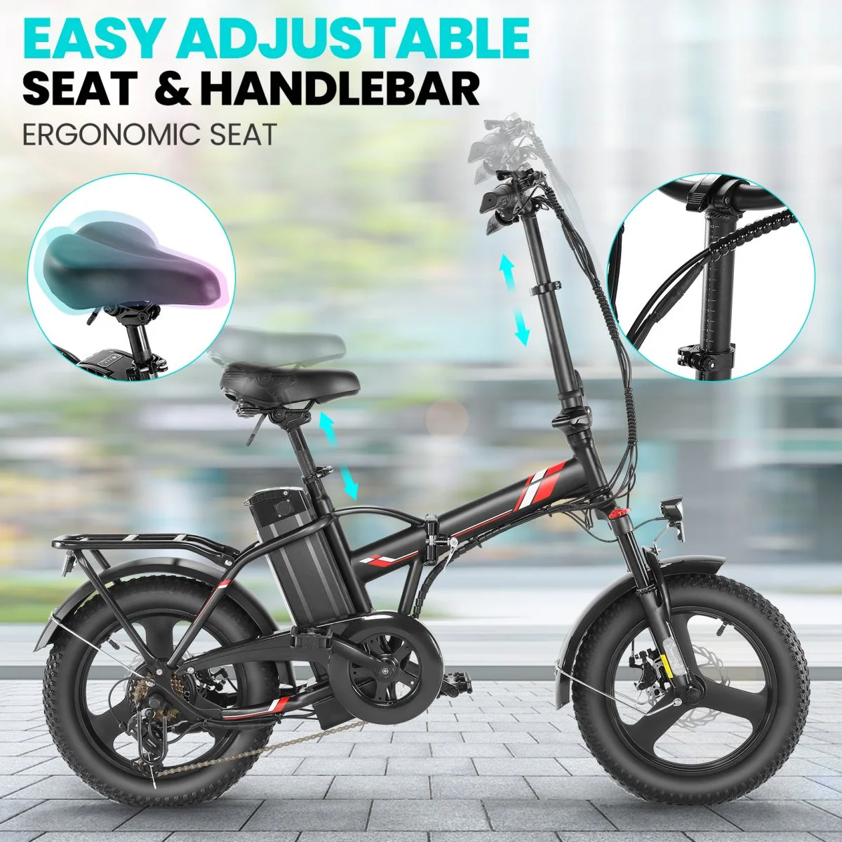 Elifine 16"×3.0 Fat Tire Folding Electric Bike for Adults, 350W Lockable Suspension Fork Electric Bicycle, LCD Display Foldable Ebike with 48V 7.8Ah Battery, 19.8 mph Snow Bike up to 50 Miles Range
