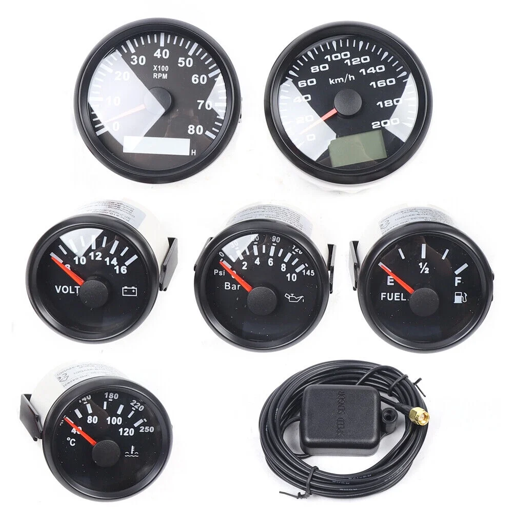 ZhdnBhnos Universal 6 Gauge Set Digital Speedometer Tacho Fuel Level Gauge Water Temp Volts Oil Pressure For Car Marine Boat Truck Black