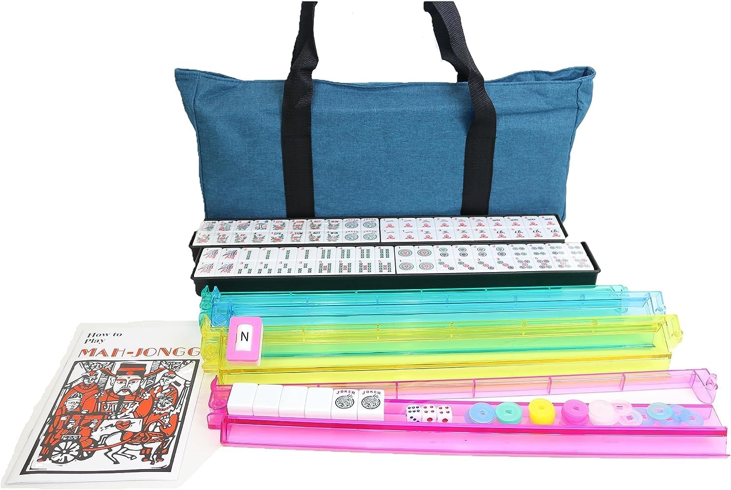 35" Mahjong Game Portable Folding Reversible Wooden Square Large Table + A Complete Set 166 Numbered American Tile Mahjong for Poker/Dominoes/Card/Paigow/Mahjong Game Table with Coin Holders