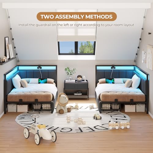 DICTAC Corner Full Bed Frame with 2 Storage Drawers and Charging Station Full Size Platform Bed Frame with Led Lights and Upholstered Guardrail Daybed for Living Room, Bedroom and Guest Room, Gray