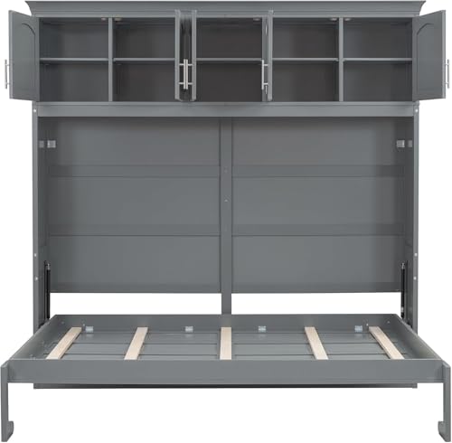 MERITLINE Queen Horizontal Murphy Bed Cabinet with Storage Bookcase Shelves and Charging Station,Wood Folding Grey Murphy Wall Bed for Adult