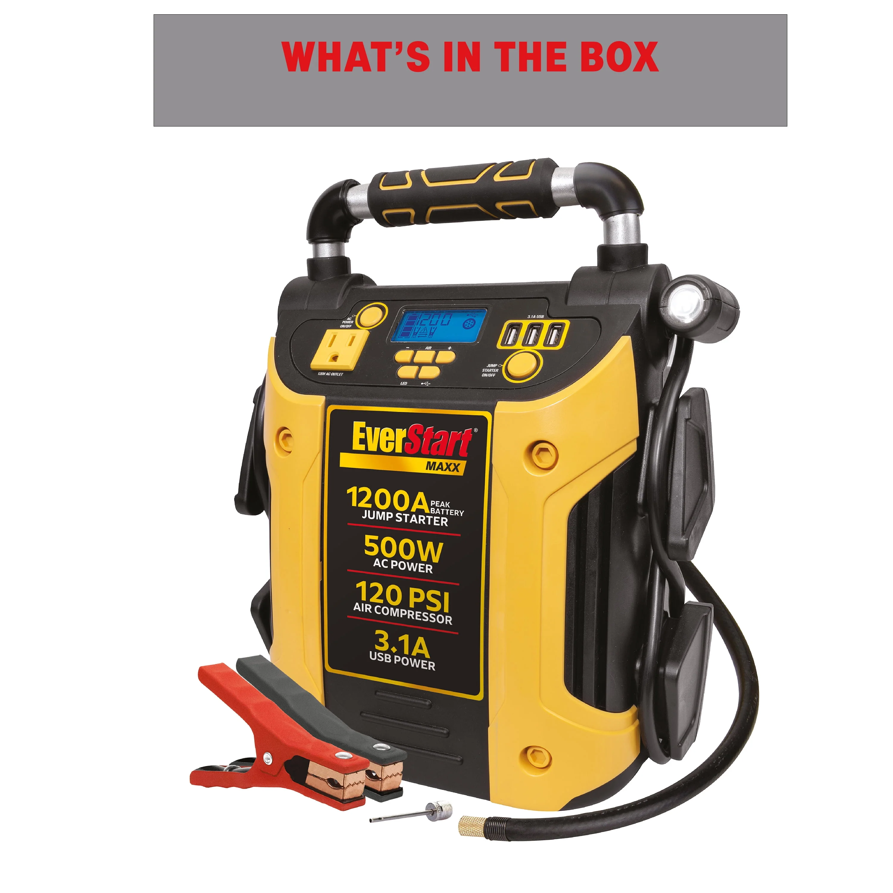 EverStart Maxx J5CPDE 1200 Peak Amps Jump Starter, Power Station, 500W Inverter, 120 PSI Compressor