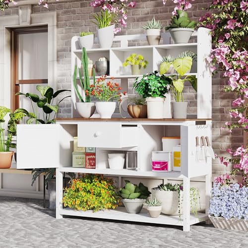 Outdoor Wooden Potting Bench Table – Farmhouse Garden Workstation with Drawers, Cabinet & Storage Shelves, Large Fir Wood Work Table for Patio, Backyard, Mudroom, Greenhouse (Light Brown, 66''H)