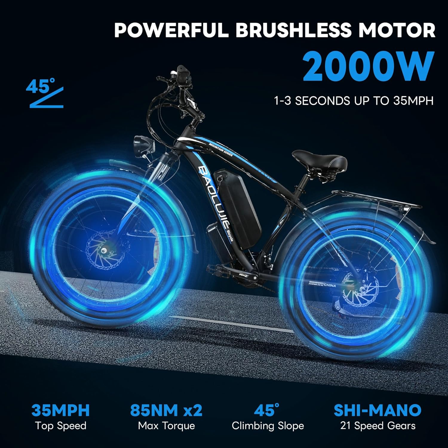2000W Electric Bike with 20Ah Removable Battery 26"×4.0Fat Tire Ebike for Adults35MPH 80Miles Electric Bicycles with Shi-Mano 21 Speed Lockable Front Suspension Hydraulic Disc Brake