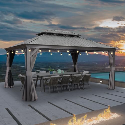 PURPLE LEAF 10' X 14' Permanent Hardtop Gazebo Aluminum Gazebo with Galvanized Steel Double Roof for Patio Lawn and Garden, Curtains and Netting Included, Grey