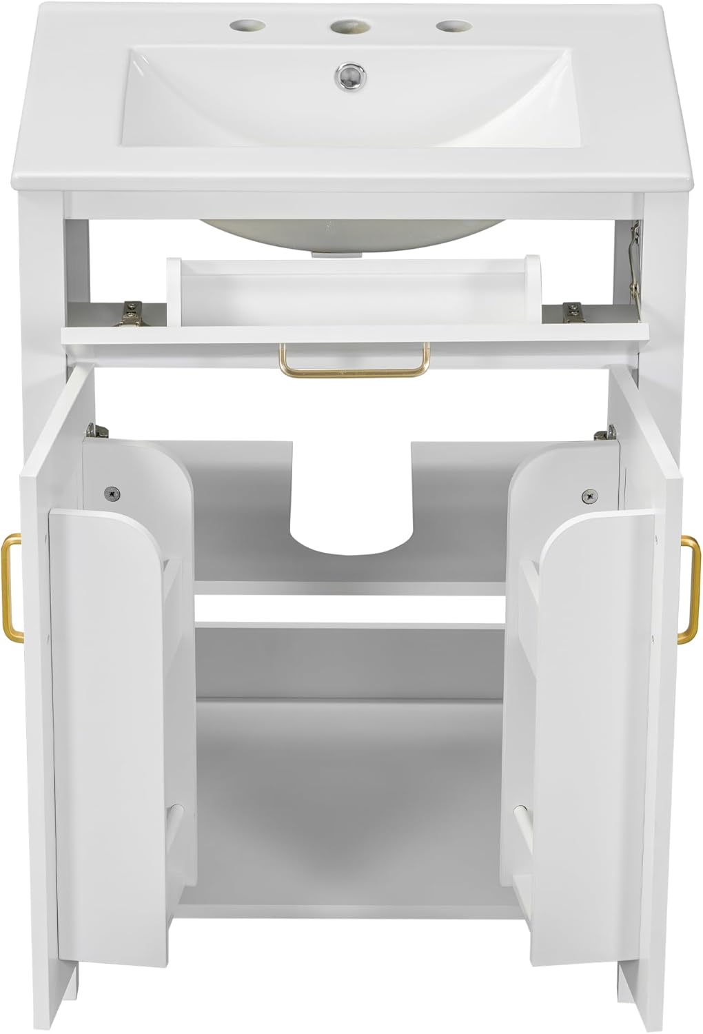 Harper & Bright Designs 24" Bathroom Vanity with Sink, Free Standing Single Basin Vanity Set with 2 Soft-Close Doors and Drawer, Modern Wooden Bathroom Cabinet with Ceramic Basin for Bathroom, White