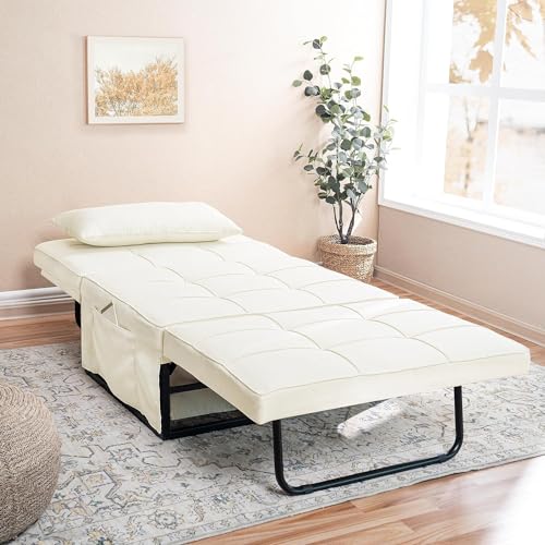 Sleeper Chair Bed, 4 In 1 Multi-Function Convertible Ottoman Bed, Breathable Linen Bed Chair, Convertible Sofa Bed with Adjustable Backrest, Modern Convertible Chair Bed Sleeper for Living Room, White