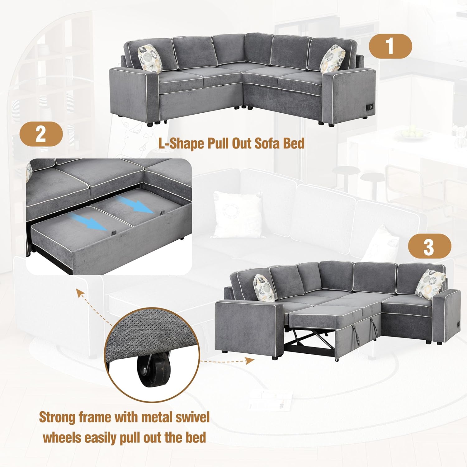 Modern Convertible Sleeper Sofa Linen 5 Person Large L-Shape Sectional Couch with Multi-Functional Pull Out Bed, 2 USB Ports, 2 Power Sockets and 3 Pillows for Living Room, Bedroom, Office