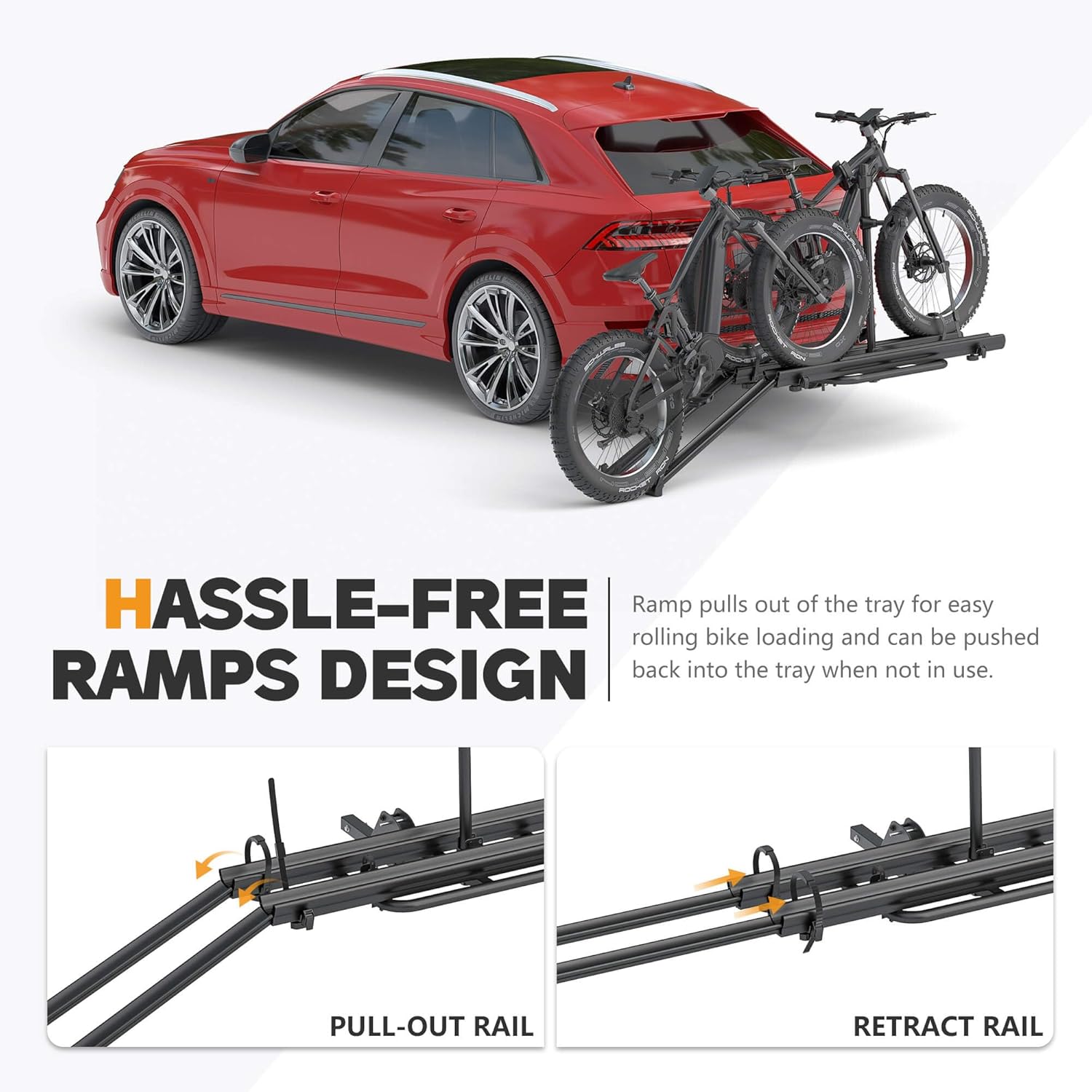2 EBike Rack with Ramp, 2'' Hitch Mounted Lockable Bike Racks, 200lbs Capacity Foldable Platform, Up to 3'' Fat Tire Carrier for Standard and Electric Bicycles for Car SUV Truck RV
