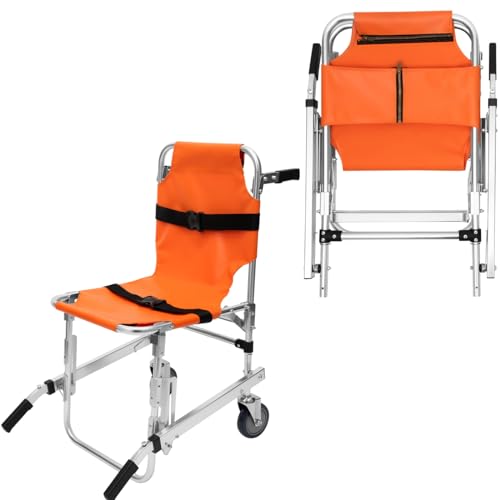 EMS Stair Chair Foldable Stair Chair Lift Ambulance Medical Lift with 2 Wheels Portable Stair Lift Chair with 2 Adjustable Straps for Elderly, Disabled 350 lbs Load Capacity (Orange)