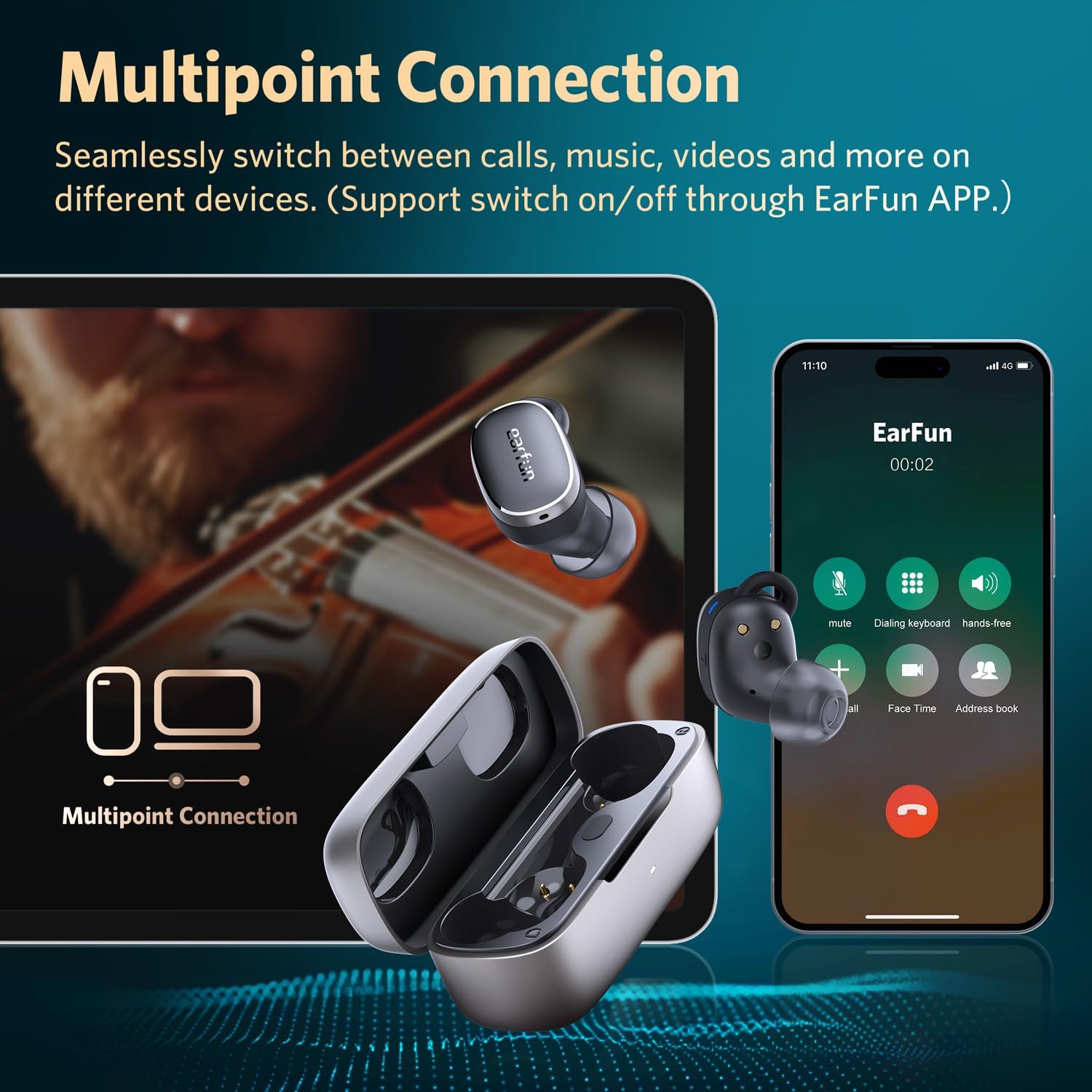 EarFun Free Pro 3 Noise Cancelling Wireless Earbuds Snapdragon Sound, Qualcomm aptX Adaptive Air Pro 2 Wireless Earbuds, in-Ear Detection, App for Custom EQ, Wireless Charging, 34Hrs