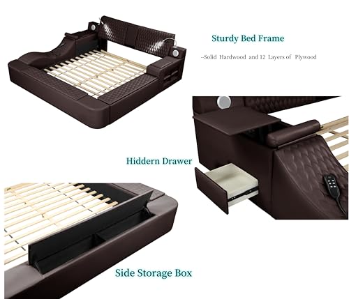 Queen Size Smart Bed, Multifunctional Leather Bed Frame with Massage Recliner/Upholstered Headboard/Music Speaker/USB Port/Storage Space, Modern Luxury Bed Frame(Gray)