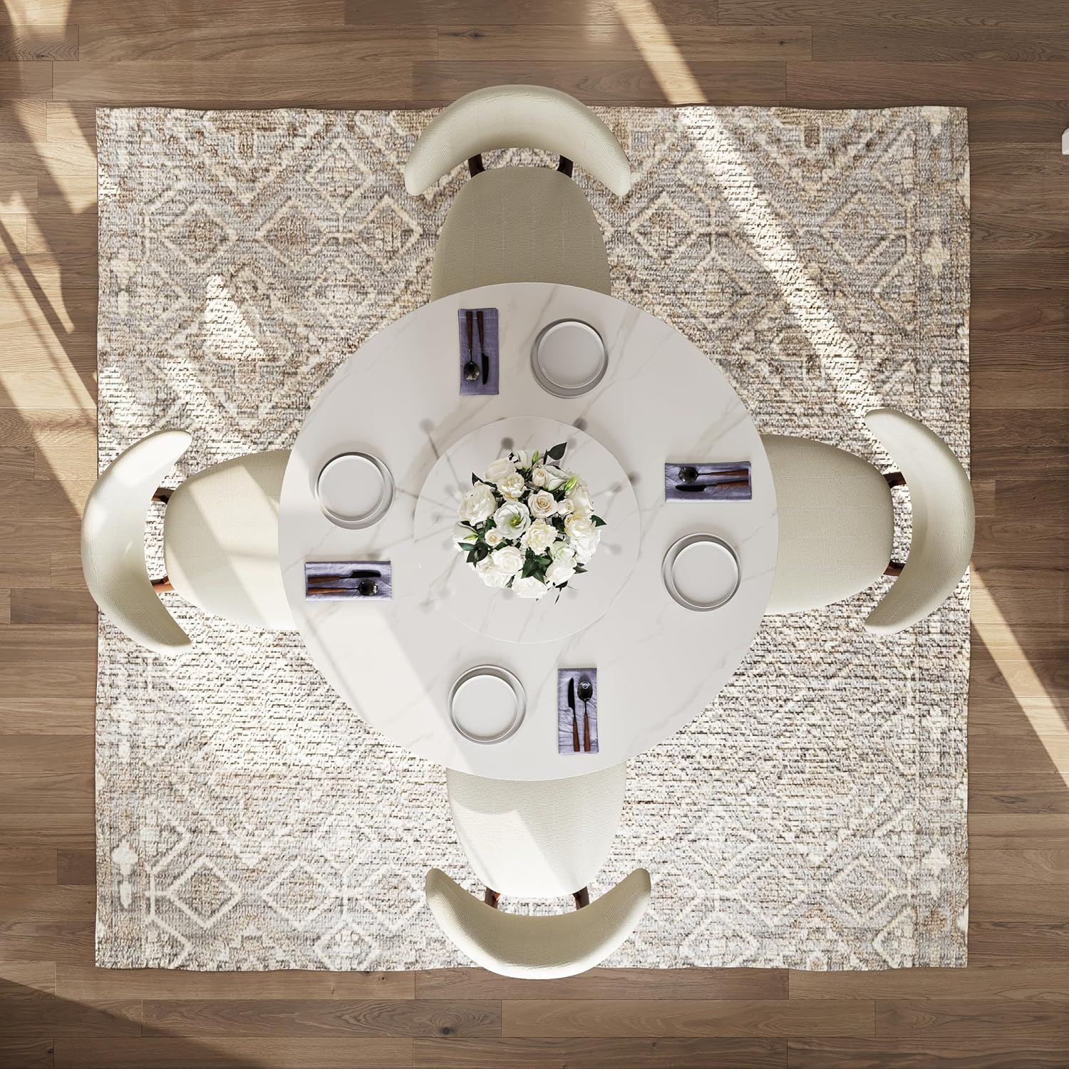 POVISON Round Dining Table for 4-6, Modern Round Dining Table Built in Lazy Susan for Dining Table, 51" Glossy White Sintered Stone Top Dining Table with Bronze Carbon Steel Pedestal(Table Only)