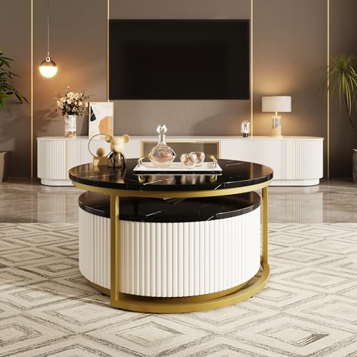 Modern Round Nesting Coffee Table Fluted with Drawer in White & Gold in 31.5''