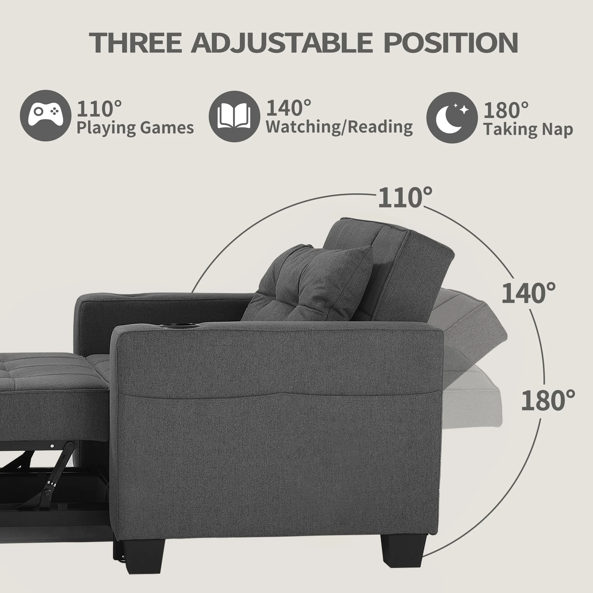 DURASPACE  Futon Chair Bed Convertible Chair 3-in-1 Pull Out Sleeper Chair Beds for Living Room Dark Gray Linen
