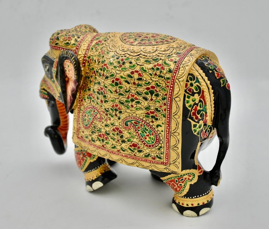 Elephant Statue 8 Inch handmade wooden Trunk Up real gold foil work Art