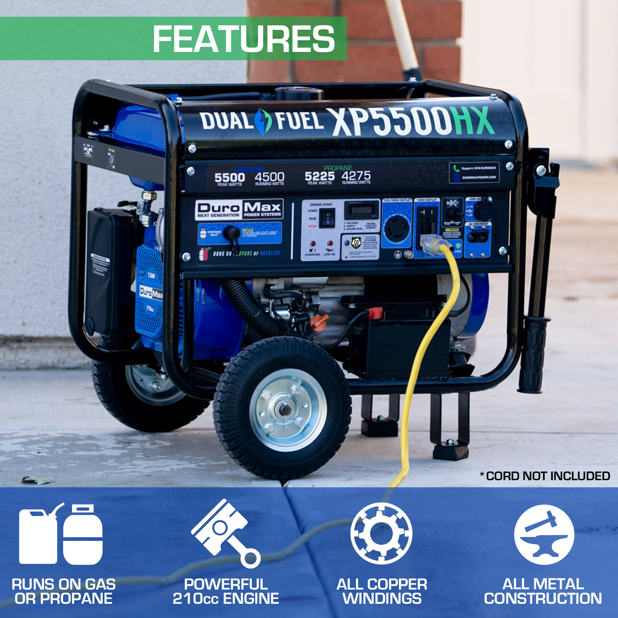 DuroMax 5,500/4,500-Watt Dual Fuel Gasoline/Propane Portable Generator with Co Alert, XP5500HX