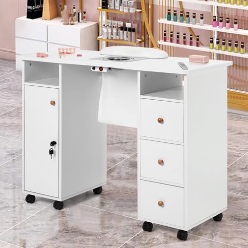 Artist hand Manicure Table, Nail Table, Nail Beauty Manicure Desk, Wrist Cushion, Lockable Wheels, Storage Drawers, Electric Downdraft Vent, White
