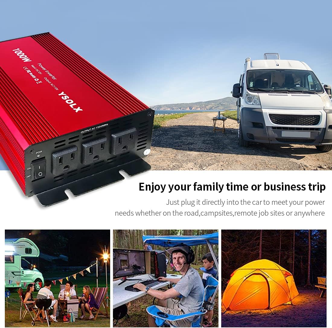 Power Inverter 12v to 110v, Dc to Ac Converter with 3 AC Outlets, 1000 watt Inverter for Car/RV/Home