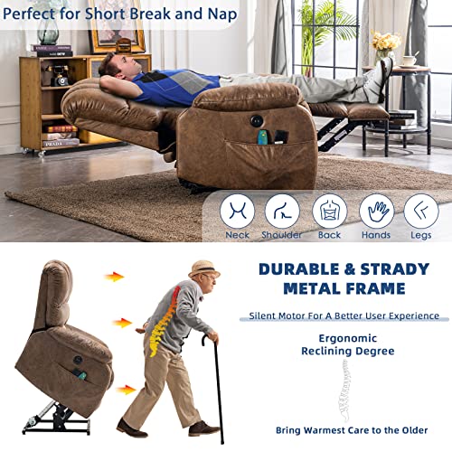 Large Dual OKIN Motor Power Lift Recliner Chair for Elderly Heated Massage Lay Flat Sleeper Electric Recliner Overstuffed Wide Recliners, Infinite Position, Side Pockets & USB Ports, Gray