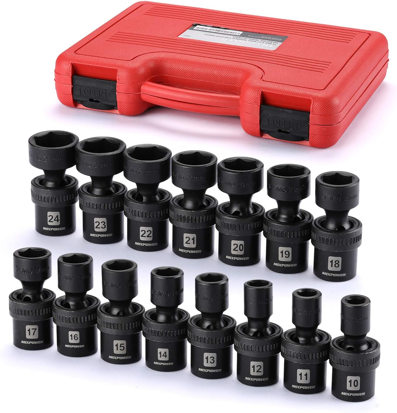 MIXPOWER 10-piece 3/8" Drive Shallow Universal Impact Socket Set, Metric,10-19mm, Swivel Socket with Flexible Wobble, CR-MO