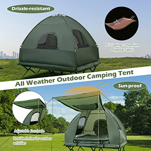 BANGTANE Tent Cot for Camping, All-in-1 Folding Tent Combo w/Air Mattress, 2 Sleeping Bags, Carry Bag & Foot Pump, Off Ground Travel Cot for Hiking, Backpacking, Fishing & Picnic