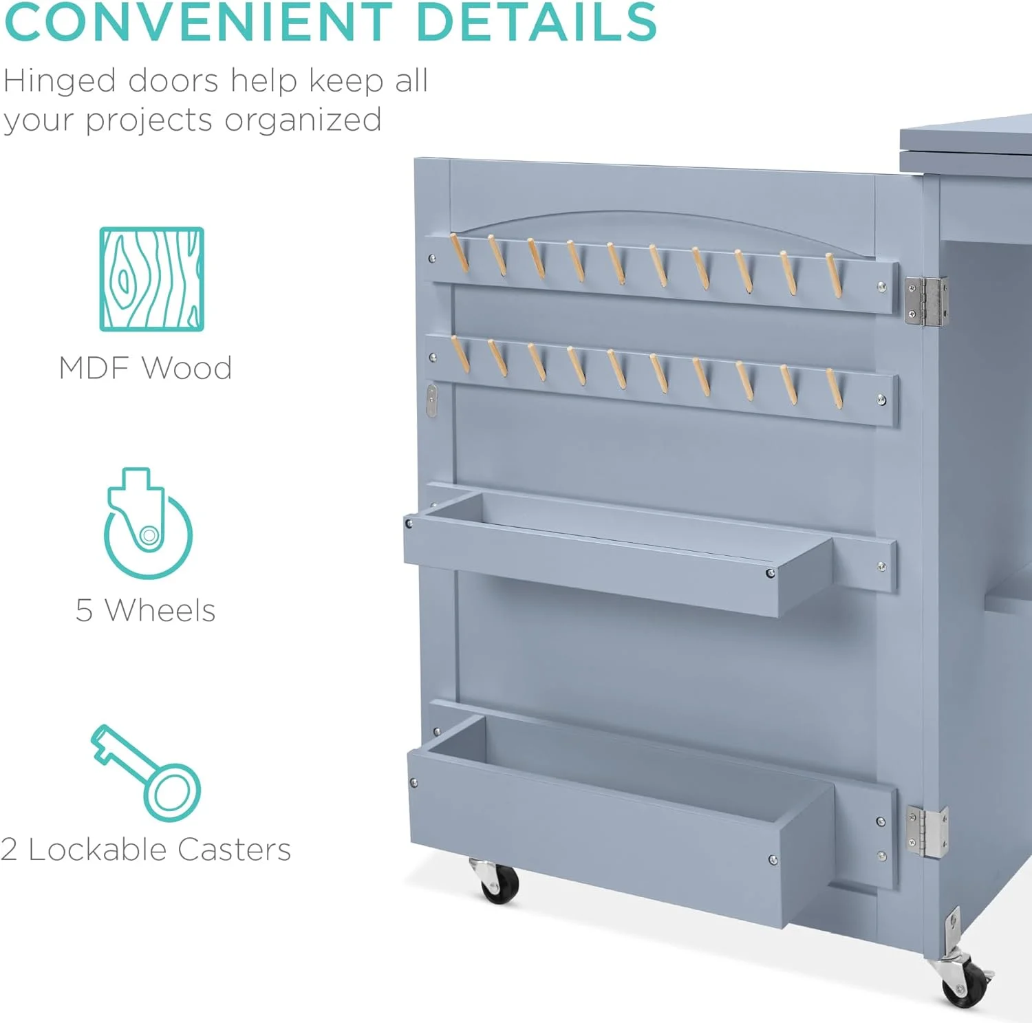Folding Sewing Table Multipurpose Craft Station & Side Desk with Compact Design, Wheels, Shelves, Storage Trays, Pegs, Magnetic Doors, Metal Doorknobs - Gray