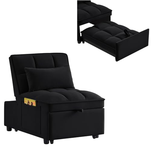 4 in 1 Convertible Sleeper Sofa Chair, Single Pull Out Couch with 6-Level Adjustable Backrest&Pillows,Modern Velvet Sofa Bed with Storage Pockets for Bedroom Living Room Small Space (Navy)
