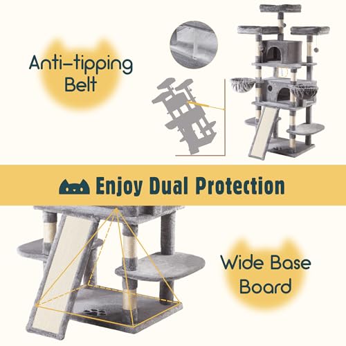 HOOMIC 68-Inch Multi-Level Cat Tree Tower for Large Cats/Cat Condo/Cozy Plush Cat Perches/Sisal Scratching Posts/Baskets/Wide Base Board/Cat Activity Center/Beige