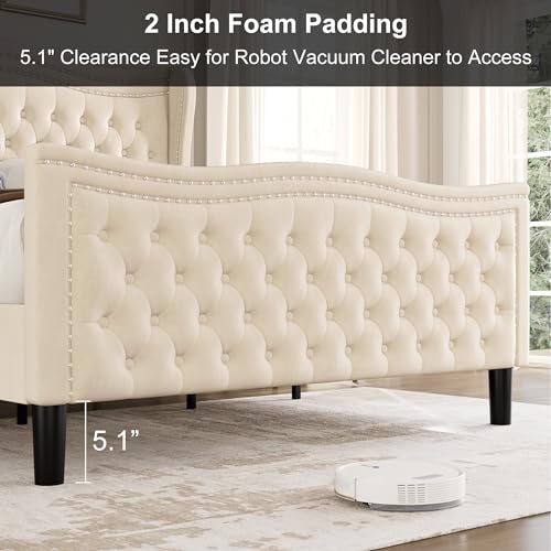 Queen Bed Frame, 52"" Headboard Upholstered Bed with Tall Footbaord, Velvet Upholstered Deep Button Tufted Wingback Platform Bed, No Box Spring Required/Wood Slat Support/Black