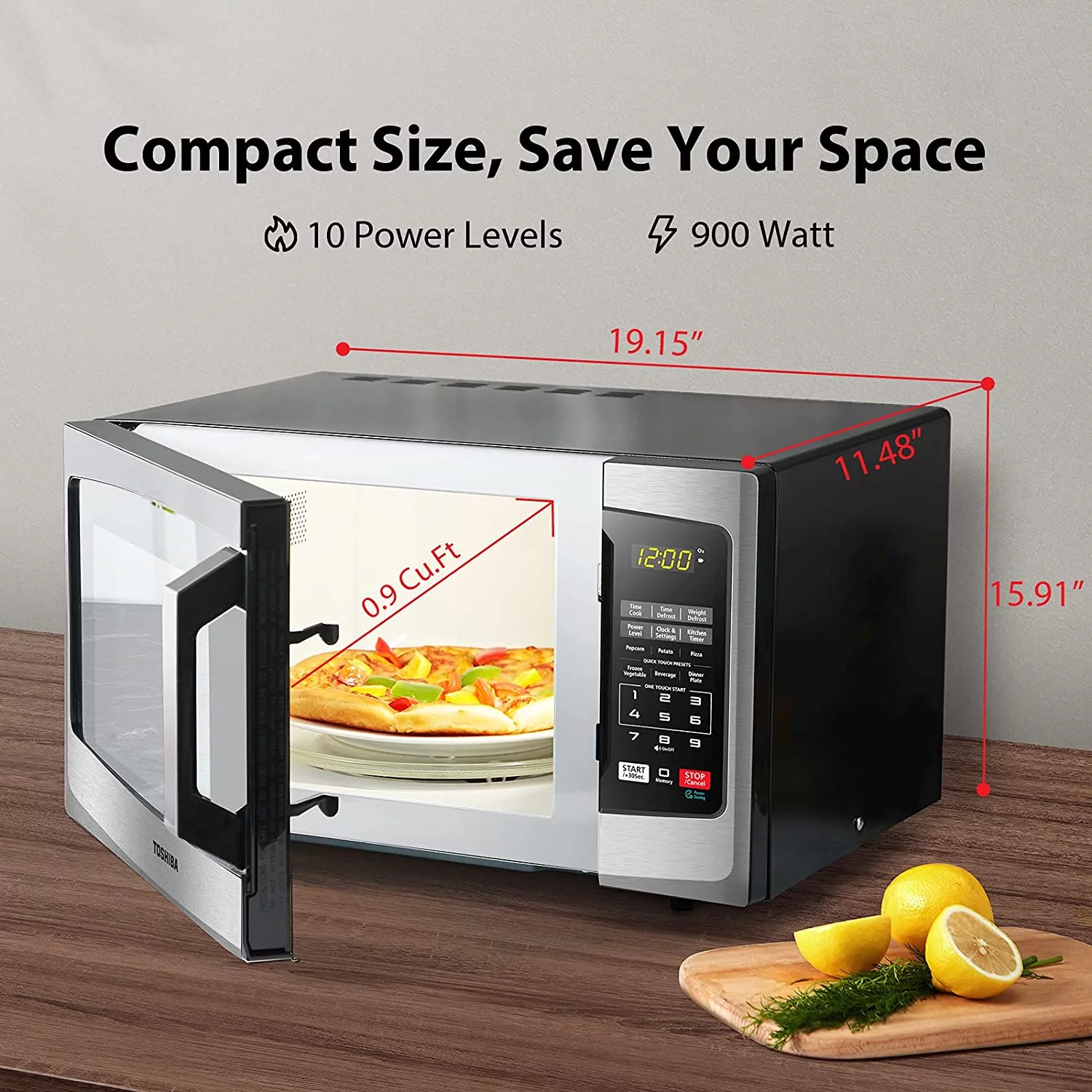 toshiba em925a5a-ss microwave oven with sound on/off eco mode and led lighting, 0.9 cu. ft, stainless steel