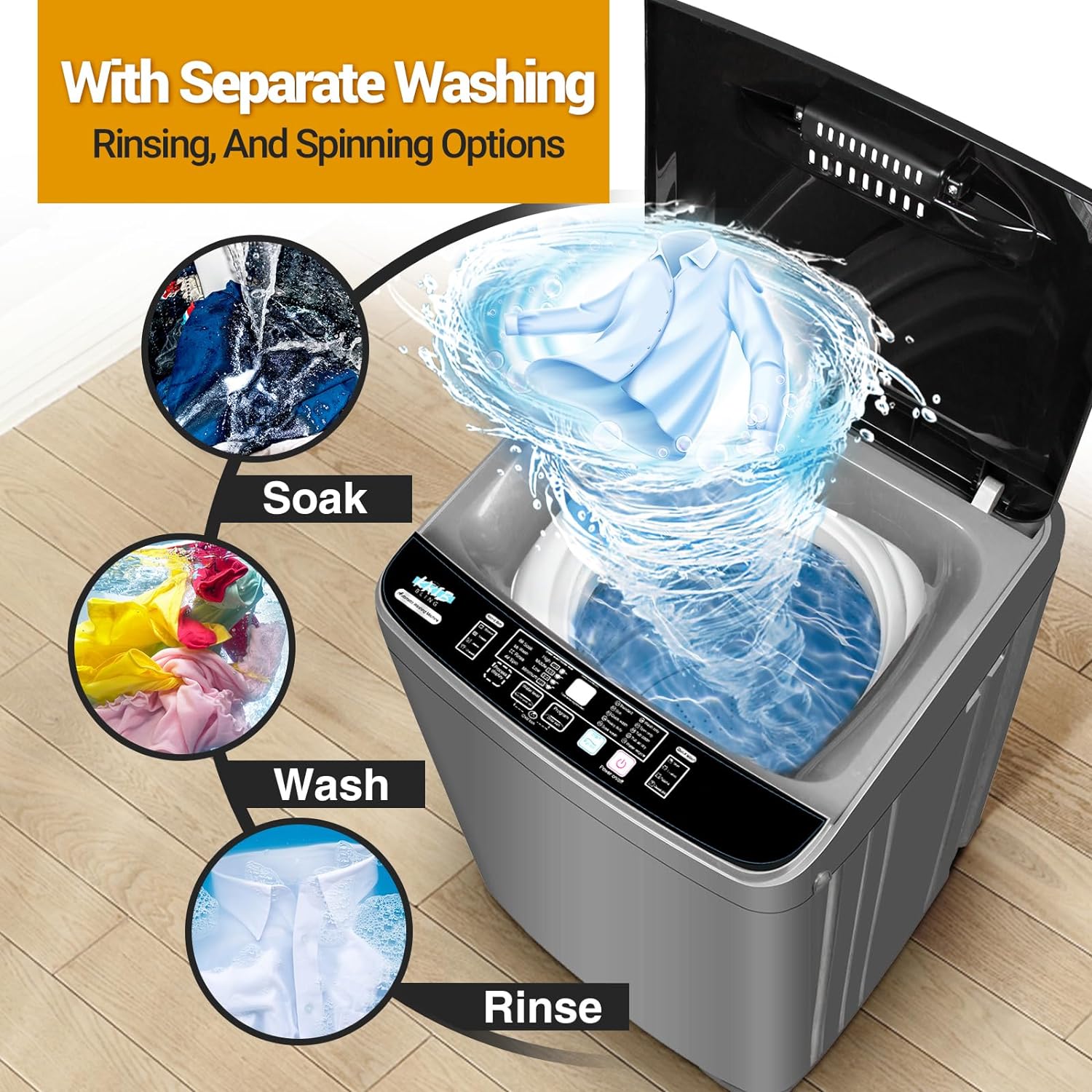 Full-Automatic Washing Machine 19.5lbs Portable Washer with 10 Programs & 8 Water Levels, Compact Washing Machine with Led Display & Drain Pump, Portable Washer and Spin for Dorm Apartment Home (Grey)