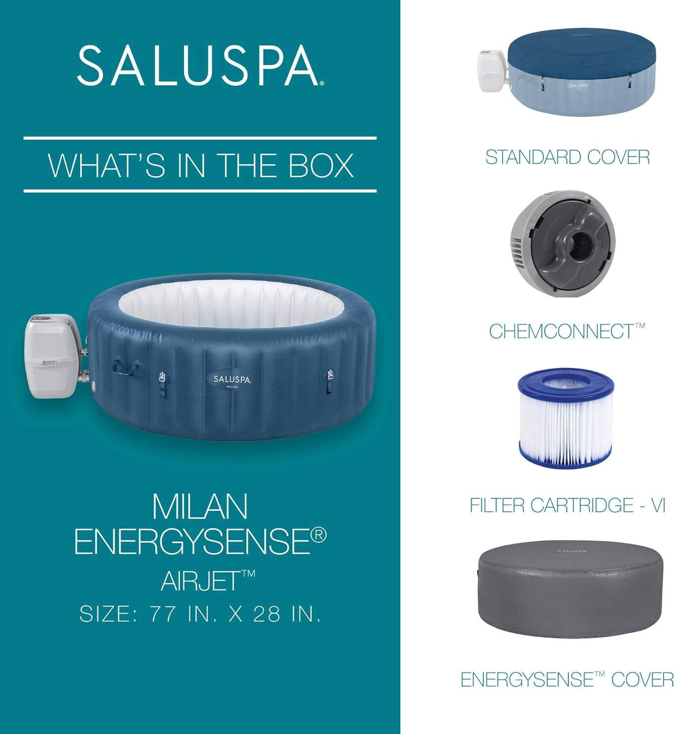 Bestway SaluSpa Milan AirJet 4 to 6 Person Inflatable Hot Tub Round Portable Outdoor Spa with 140 AirJets and EnergySense Energy Saving Cover, Blue
