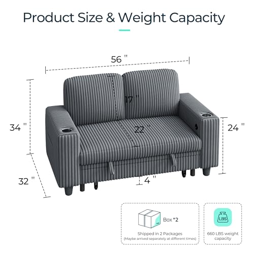 LINSY HOME Sectional Sleeper Sofa with Pull Out Couch Bed Convertible Plush Corduroy Cloud Couch with Storage Chaise & USB Charging, Comfy L Shaped Modular Couches for Living Room Apartment (Grey)