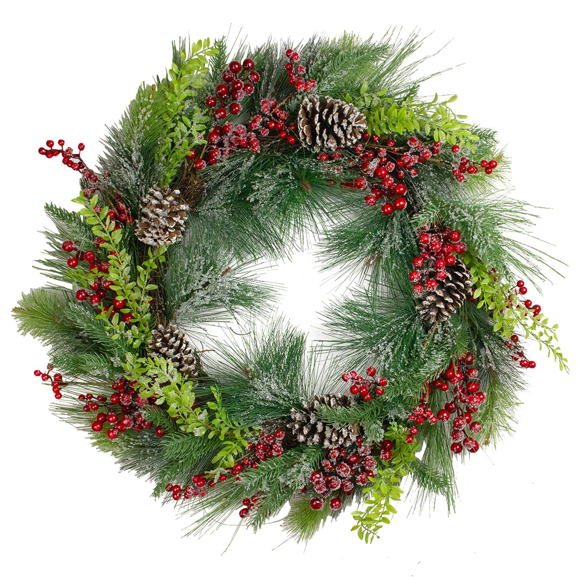 Northlight Iced Red Berries and Mixed Pine Artificial Christmas Wreath- 32 -in Unllit in Green | 33650117
