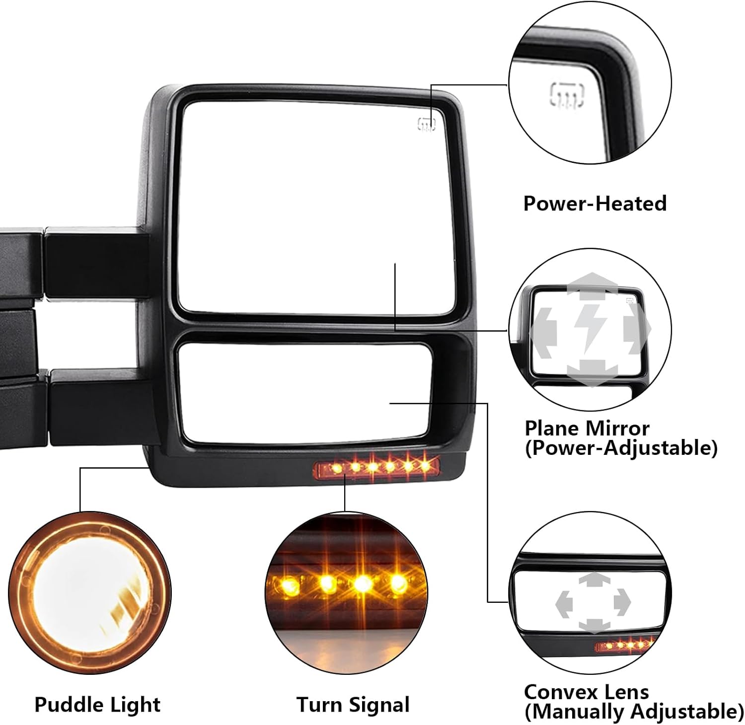 Towing Mirrors Left & Right Pair For 2007-2014 F-150, POWER HEATED,W/AMBER SIGNAL,W/PUDDLE LIGHT, Covex Lens, BLACK Mirror Driver Passenger LH RH Replacement