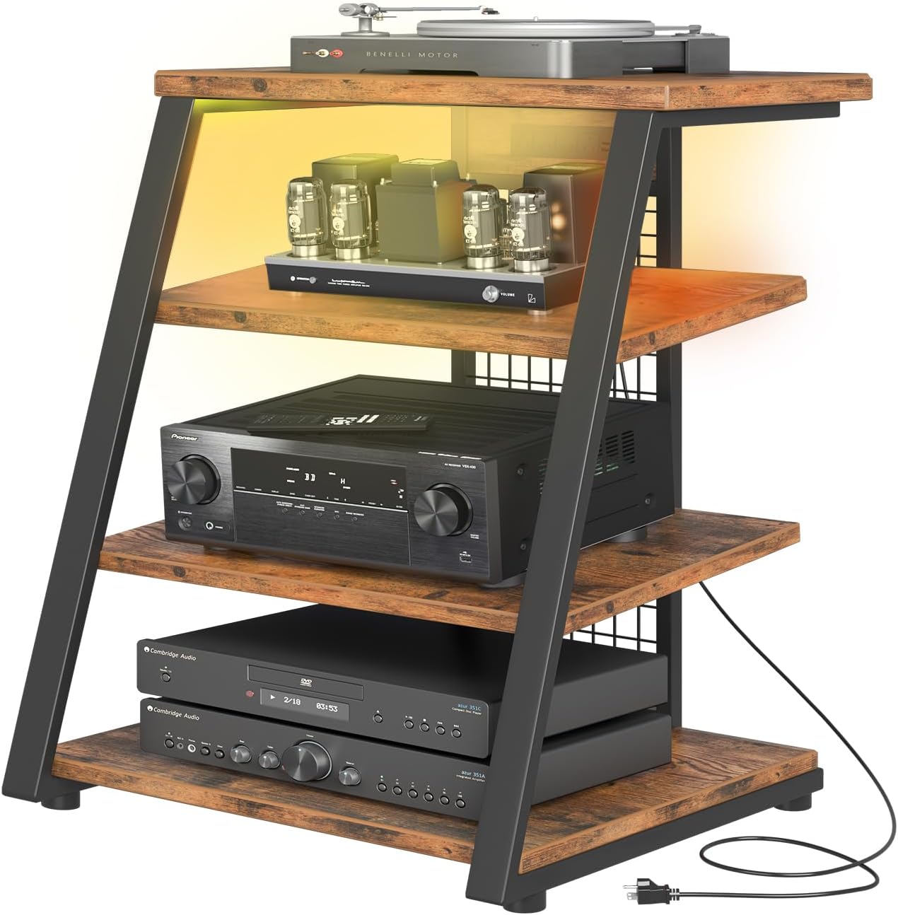 AV Media Stand with Outlets, Stereo Racks with LED Lights, Media Console, Record Player Stand, Media Audio Tower Cabinet, 30'', Rustic Brown