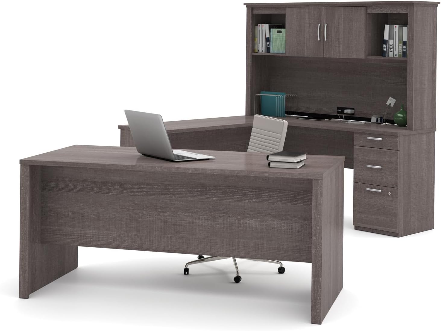 Modern Motifs U-Shaped Executive Desk with Pedestal and Hutch in bark grey