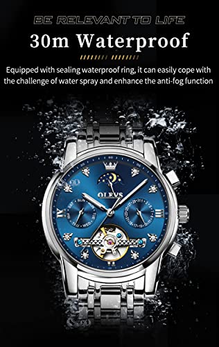 OLEVS Automatic Watches for Men Diamond Luxury Dress Tourbillion Moon Phase Two Tone Stainless Steel Luminous Waterproof Men Wrist Watch