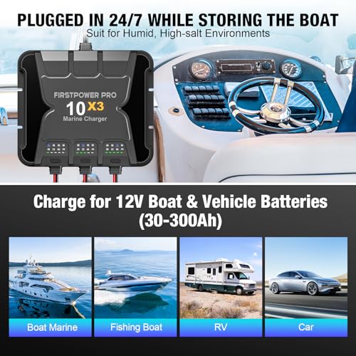 3 Bank Marine Battery Charger 10X3, 30A (10A/Bank) - 12V Waterproof Onboard Battery Charger, Battery Maintainer & Desulfator for SLA/AGM, Lithium (LiFePO4), Calcium & Deep-Cycle Battery - Charged 24/7