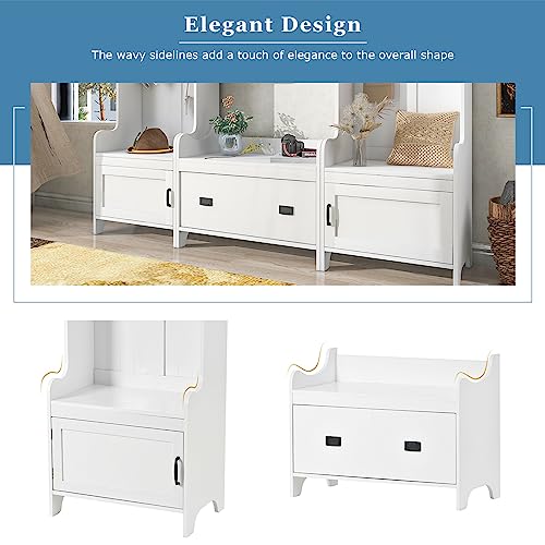 Hall Tree with Bench and Shoe Storage, White Entryway Bench with 7 Coat Rack, 4 Cabinet, 1 Drawer and Open Shelves, Large Mudroom Bench with Shoe Storage and Hooks for Hallway, Entry Way