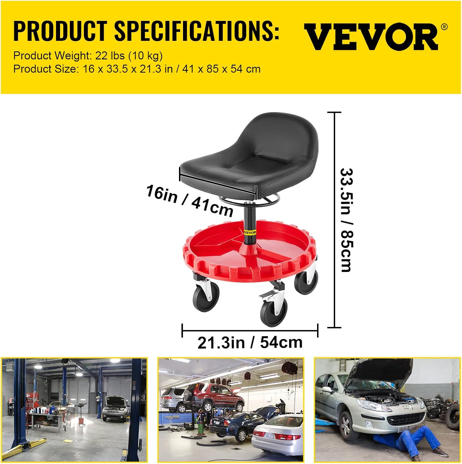 VEVOR Shop Stool, 400 LBS Rolling Garage Stool, 22” to 26” Adjustable Height Mobile Rolling Gear Seat, Round Tray Garage Pneumatic Stool, All-Terrain 5 Casters with Two Brakes Mechanic Seat