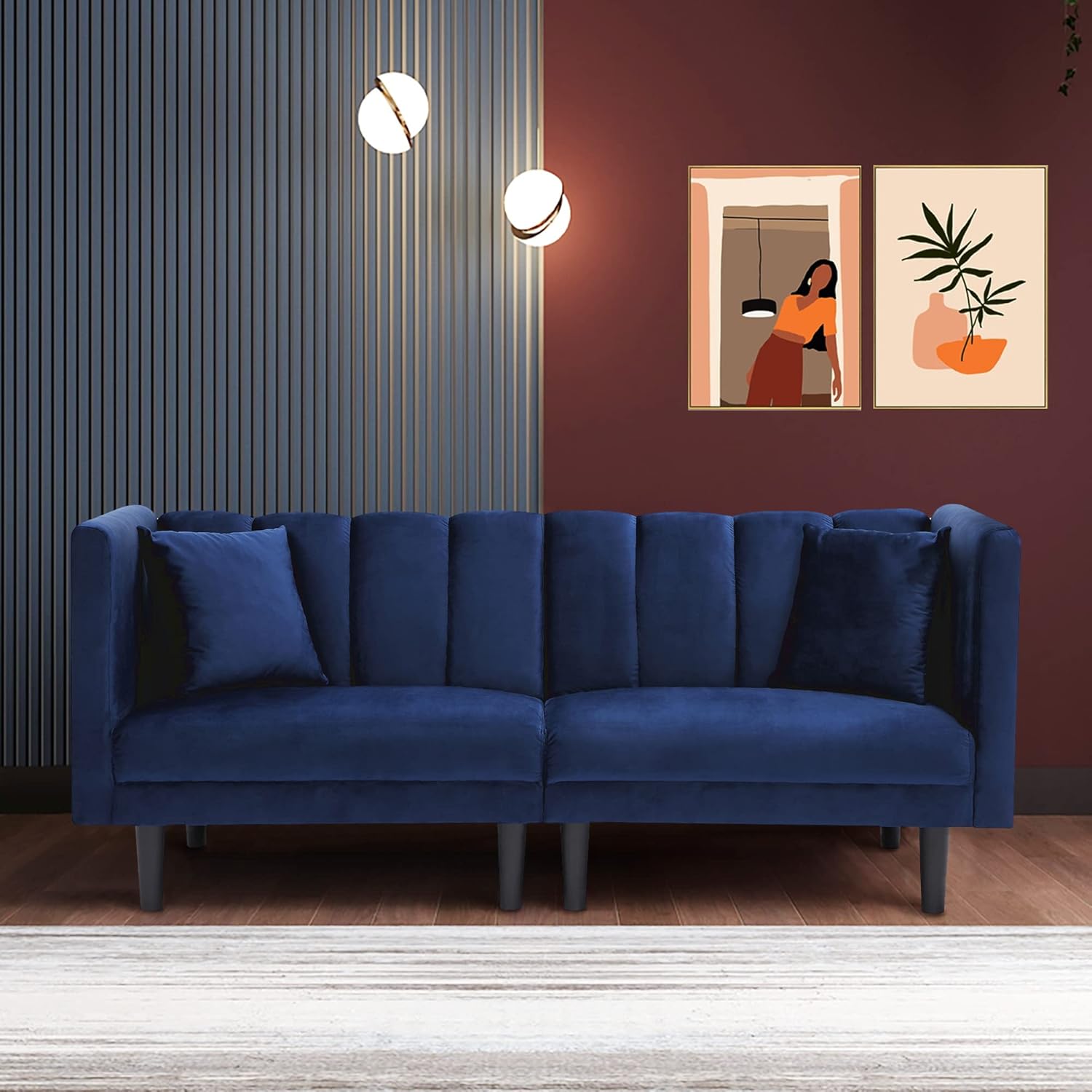 73.2" Tufted Split Back Futon Bed, Velvet Upholstered Convertible Loveseat Sleeper Armrest, Folding Reclining Small Love Seat Sofa & Couches for Living Room, Navy Blue