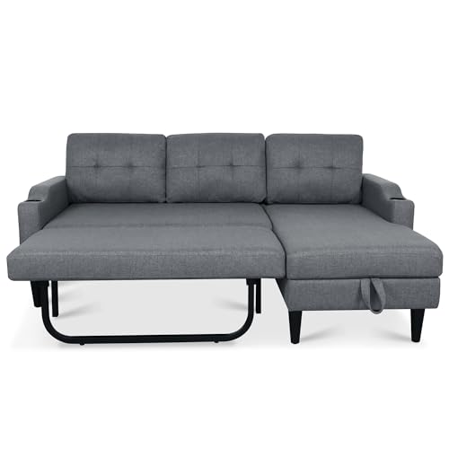 2-in-1 Design Pull Out Sleeper Sofa, Modern Upholstered L-Shaped Sofa with 2 Cup Holders & Side Storage Pocket, 3-Seat Storage Chaise Sectional Sofas for Living Room Office Apartment, Brown