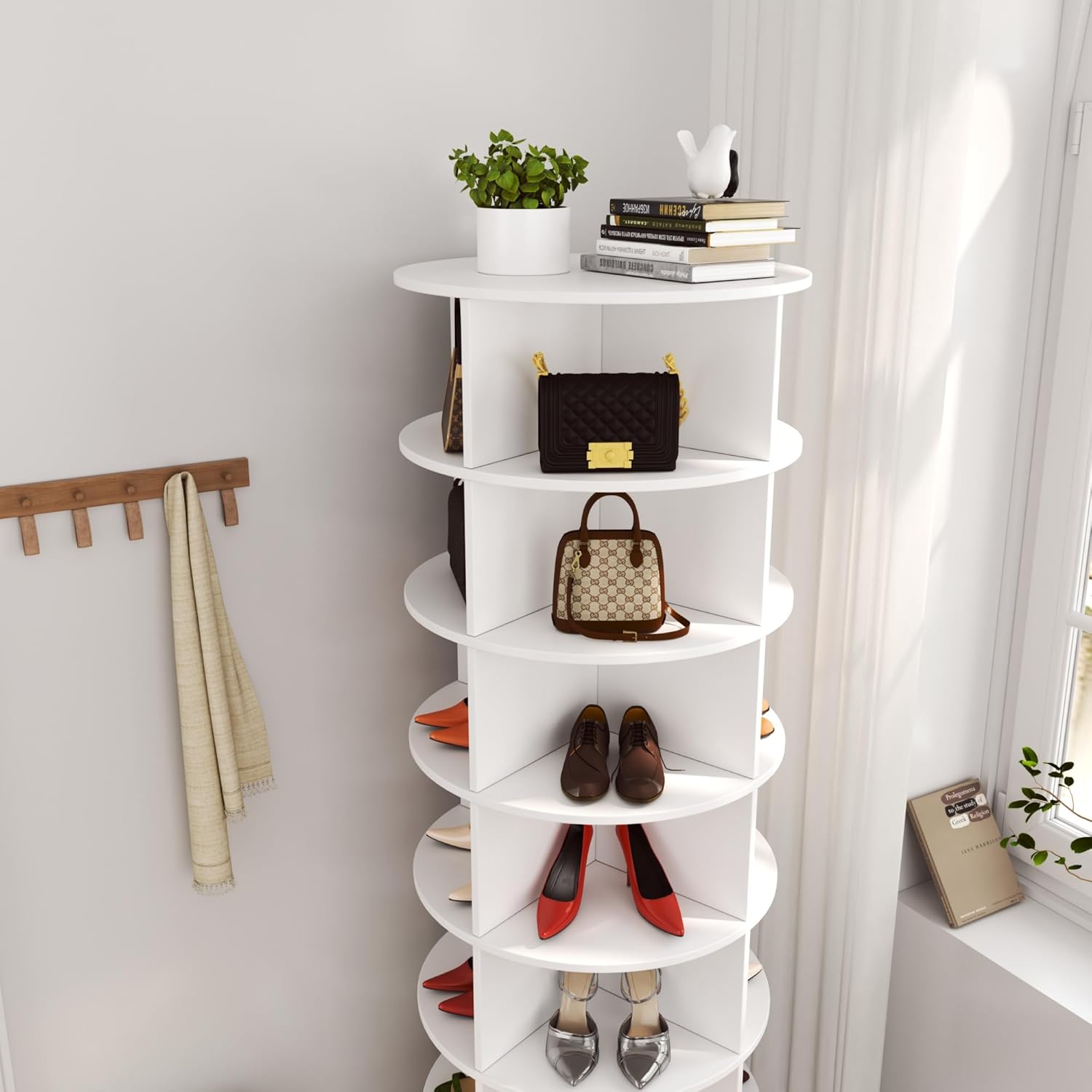 Vibe & Dine Rotating Shoe Rack, 7-Tier Tall Spinning Shoe Rack, Free Standing Rotating Shoe Rack Tower 360°, Revolving Shoe Shelf Organizer for Entryway, Small Space